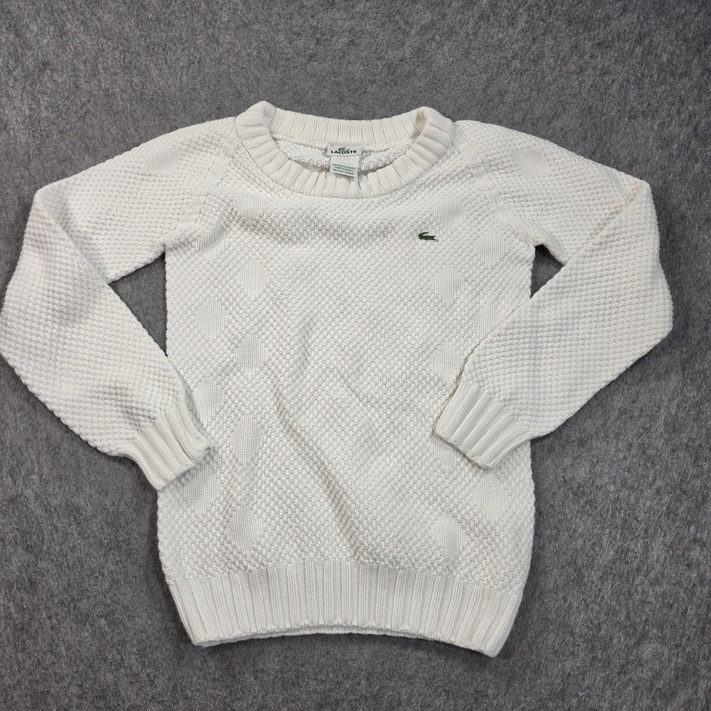 Lacoste Sweater Womens 38 White Cotton Textured Popcorn Diamond Knit France